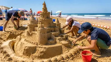Niños y niñas a la orilla de la playa haciendo castillos de arena.