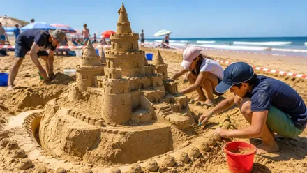 Niños y niñas a la orilla de la playa haciendo castillos de arena.
