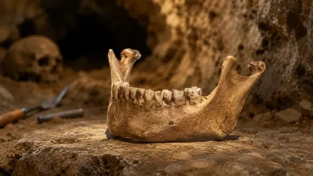 Mandíbula y restos óseos prehistóricos.
