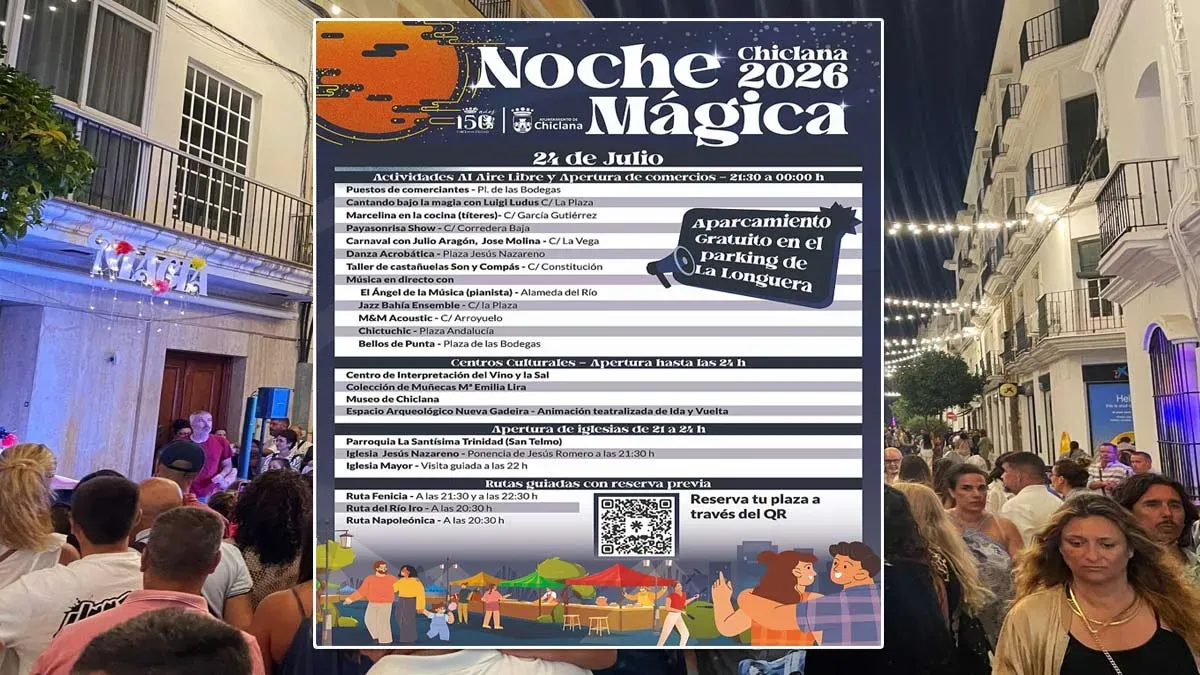 Calle con mucho público en Chiclana y el cartel superpuesto de la "Noche Mágica".