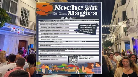 Calle con mucho público en Chiclana y el cartel superpuesto de la "Noche Mágica".