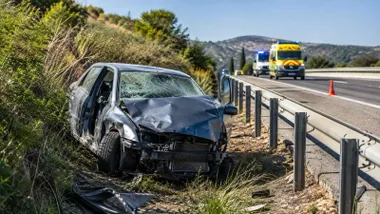 Coche accidentado a un lado de la carretera y ambulancia al fondo.
