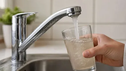 Persona llena un vaso de agua turbia.