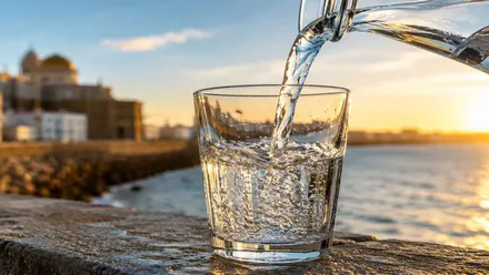 Vista de la Catedral de Cádiz desde el paseo mientras una mano rellena un vaso de agua con una jarra.