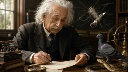 En una mesa Einstein escribiendo, sobre ella una paloma.