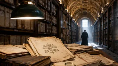 Pasillos de los Archivos del Vaticano y galerías, documentos sobre una mesa y la sombra de un sacerdote acercándose.