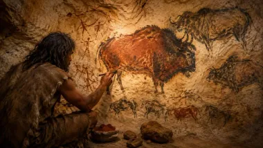 Pintura rupestre y un hombre prehistórico pintando sobre la pared de una cueva.