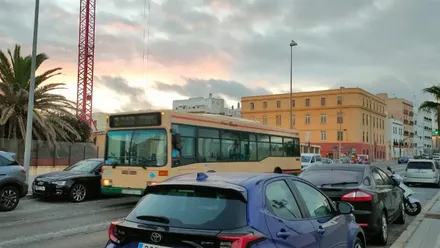 Un autobús urbano de color crema y verde circula por el Campo del Sur de Cádiz al atardecer, entre varios vehículos.