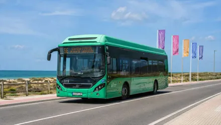 Autobús de color verde de San Fernando en un trayecto a la playa de Camposoto, destacan las banderas de colores.