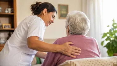 Persona de Ayuda a Domicilio con una mujer mayor, la ayuda a levantarse.