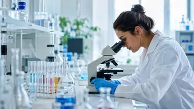 Una investigadora en un laboratorio mirando por un microscopio.