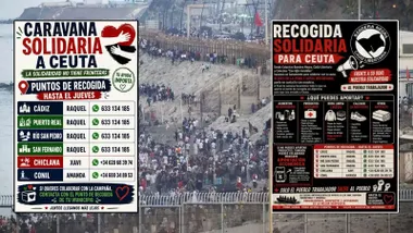 Carteles con la solicitud de ayuda para los migrantes ilegales de Ceuta.