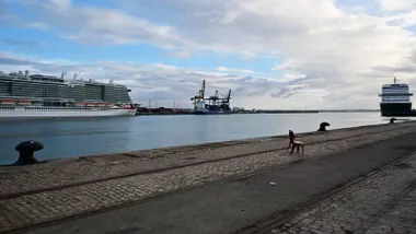 Vista del puerto de Cádiz con dos grandes cruceros atracados, uno a cada lado de la imagen, bajo un cielo parcialmente cubierto de nubes. En primer plano se observa el muelle y, al fondo, varias grúas portuarias. Foto: Eulogio García.