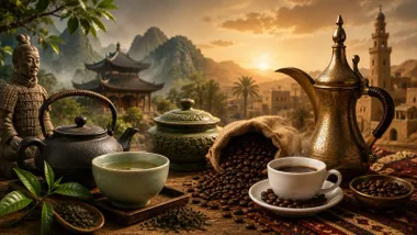 Tazas con té y café junto a una tetera y una cafetera mostrando su origen en Oriente.