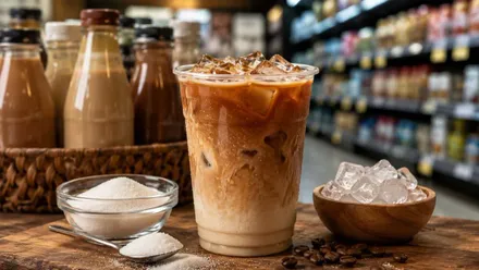 Vaso de plástico de café frío, a su lado dos tazones, uno con hielo y otro con azúcar.