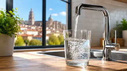 Grifo abierto echando agua y desde una ventana se ve la iglesia de una ciudad.