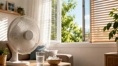Ventilador refrescando un sala de estar con la ventana abierta.