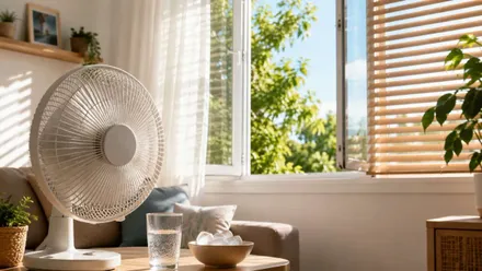 Ventilador refrescando un sala de estar con la ventana abierta.