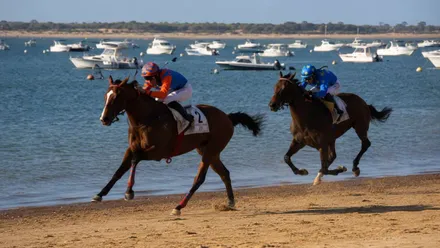 Dos caballos corren por la playa de Sanlúcar, al fondo el Coto de Doñana y embarcaciones blancas.