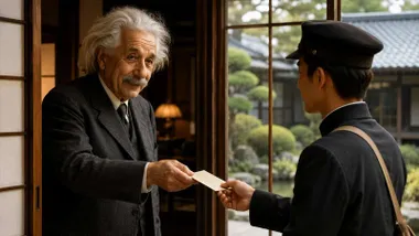 Momento en el que Albert Einstein entrega al cartero una carta.