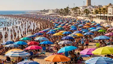 Playa de Chipiona abarrotada de bañistas.