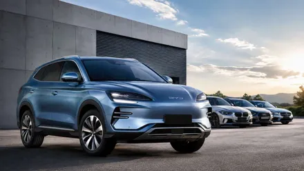Coche de la marca BYD en azul metalizado en primer plano y, tras ellos, otros modelos de otras marcas.