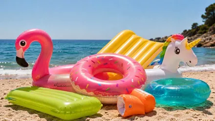 Una playa con un flotador como una rosquilla, una colchoneta amarrilla y un pelícano inflable entre otros.