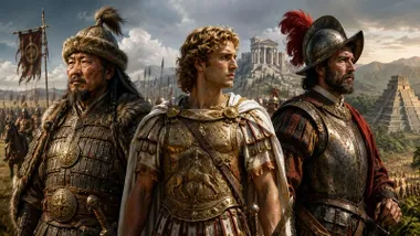 Tres conquistadores de perfil, son Gengis Kan, Alejandro Magno y Hernán Cortés.