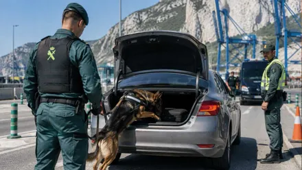 Agente de la Guardia Civil con un perro registrando el maletero de un coche.