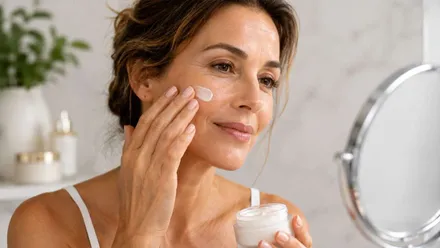 Mujer extiende con su mano crema antiarrugas en su mejilla.