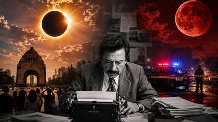 Persona escribien en un día de eclipse solar, destacan las luces de un vehículo de la Policía.