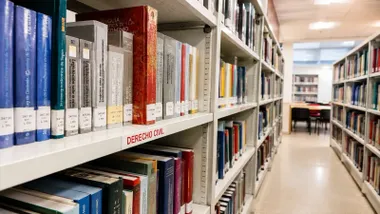 Estanterías llenas de libros, destacando los de Derecho, Universidad de Cádiz. la UCA.