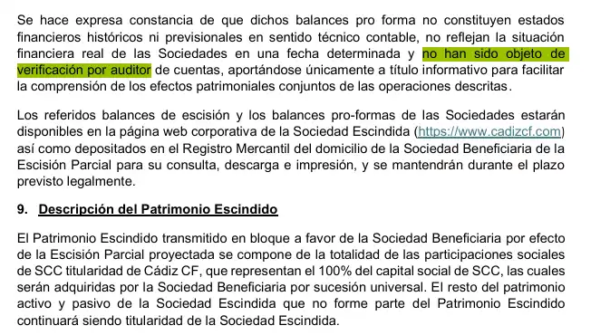 Los balances del Cádiz CF y Sport City en los que se basa el proyecto de escisión no han sido auditados