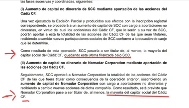 Captura de un documento difundido por Carlos Pardeza con dos fragmentos señalados en rojo que mencionan una posible mayoría de Sport City Cádiz en el Cádiz CF y, posteriormente, de Nomadar Corporation.