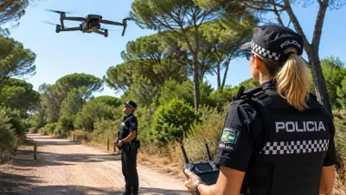 Dos policías locales de Jerez controlando un dron.