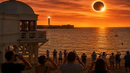 Muchas personas viendo, desde La Caleta, el eclipse de sol.