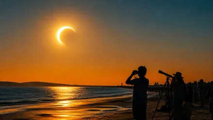 Muchas personas mirando el eclipse al atardecer en una playa.