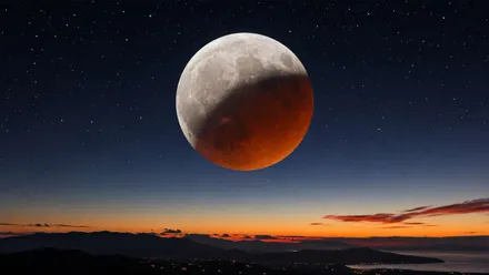 Eclipse lunar con tonos anaranjados y el atardecer.