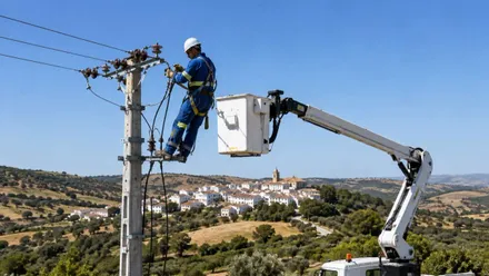 Operario en una instalación de alta tensión elevado con una grúa.