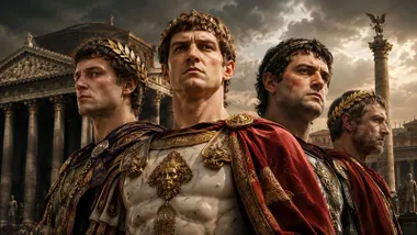 Cuatro emperadores de Roma con mirada severa.
