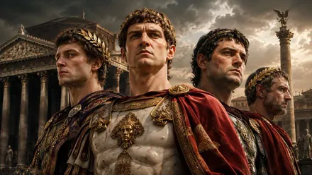 Cuatro emperadores de Roma con mirada severa.