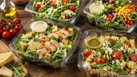 Diferentes tipos de ensaladas en sus envases, desataca el verde de las verduras.