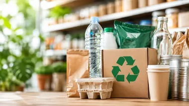 Diferentes tipos de envase, desde plástico a cartón, con el símbolo de reciclable.