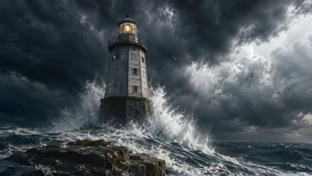 Oleaje golpeando a un faro en medio del mar en noche tormentosa.
