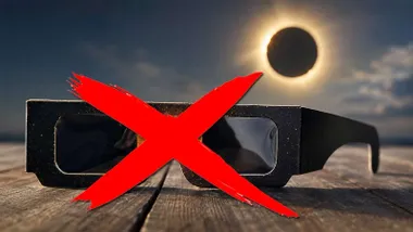 Gafas para ver el eclipse tachadas con una X roja.