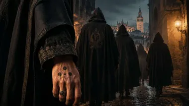 Fila de hombre con capucha negra y la Giralda al fondo. Es el siglo XV.