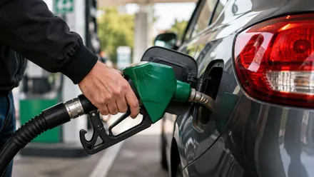 Hombre poniendo gasolina sin plomo 95, con manga de color verde, en su automóvil.