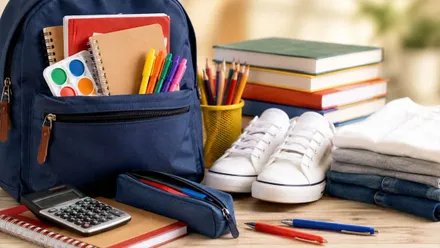 Material de colegio, botines, maleta, pinturas, libros.