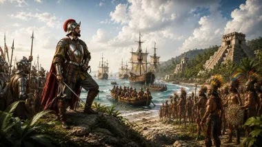 Soldado español con armadura frente a nativos mayas, destaca una pirámide escalonada mesoamericana.