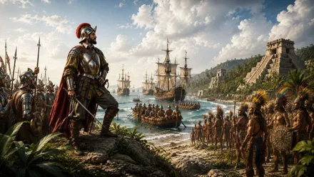 Soldado español con armadura frente a nativos mayas, destaca una pirámide escalonada mesoamericana.